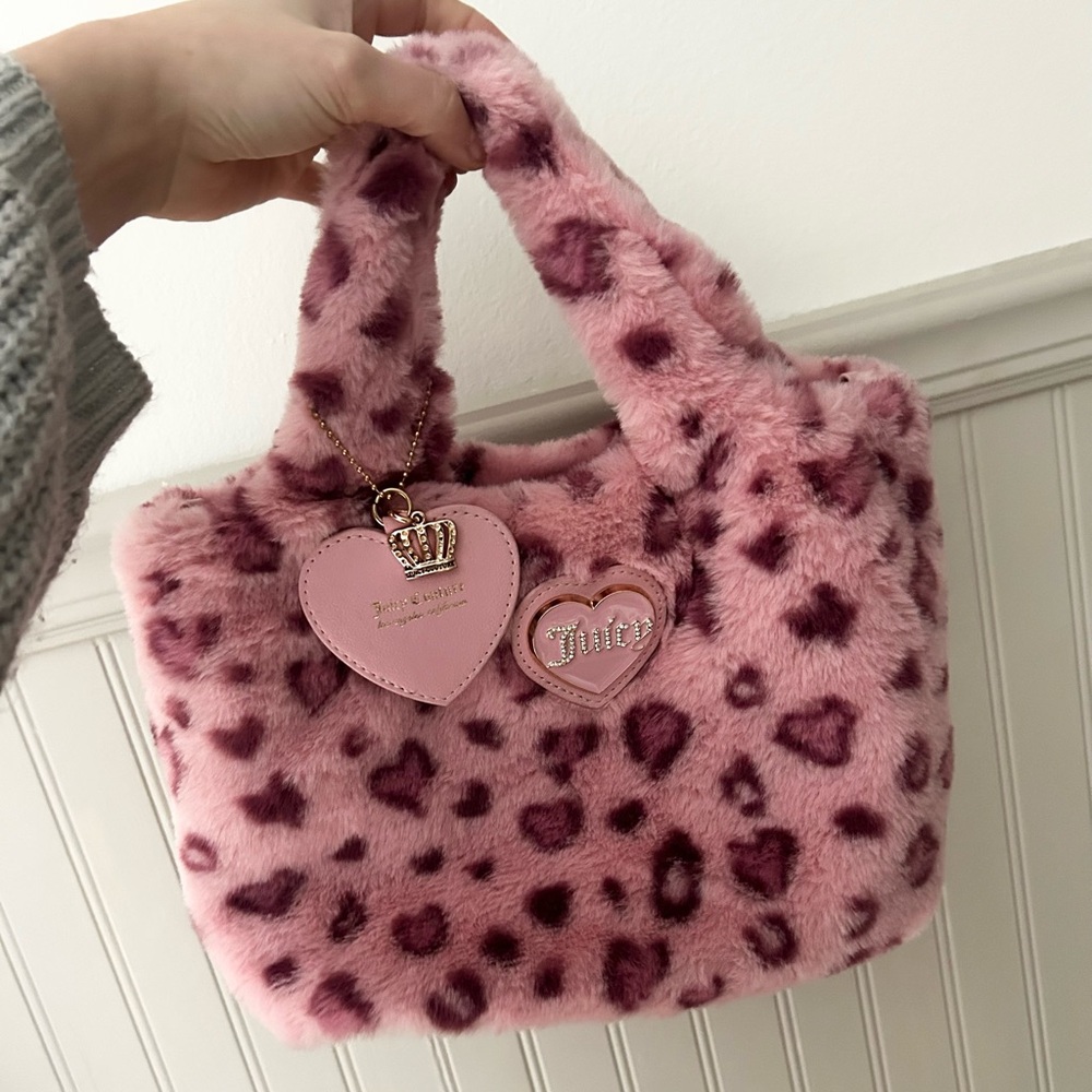 Y2K Juicy Couture Warm Up Mini Tote Pink Leopard Faux Fur Print Glam Bag - Picture 2 of 8